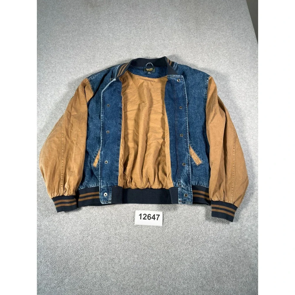 Dunbrooke Varsity Jacket Mens XL Blue Denim Tan Canvas Good Wolfe's Embroidered